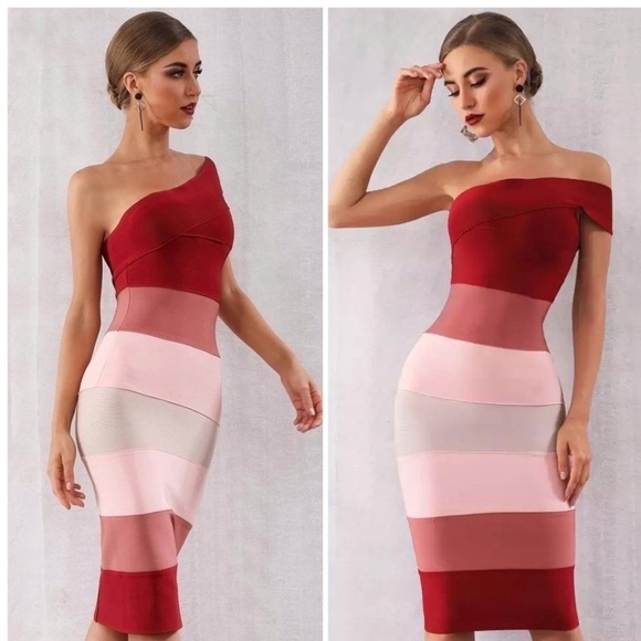 One Shoulder Bandage Dress with horizontal stripes bodycon M - Picture 7 of 7
